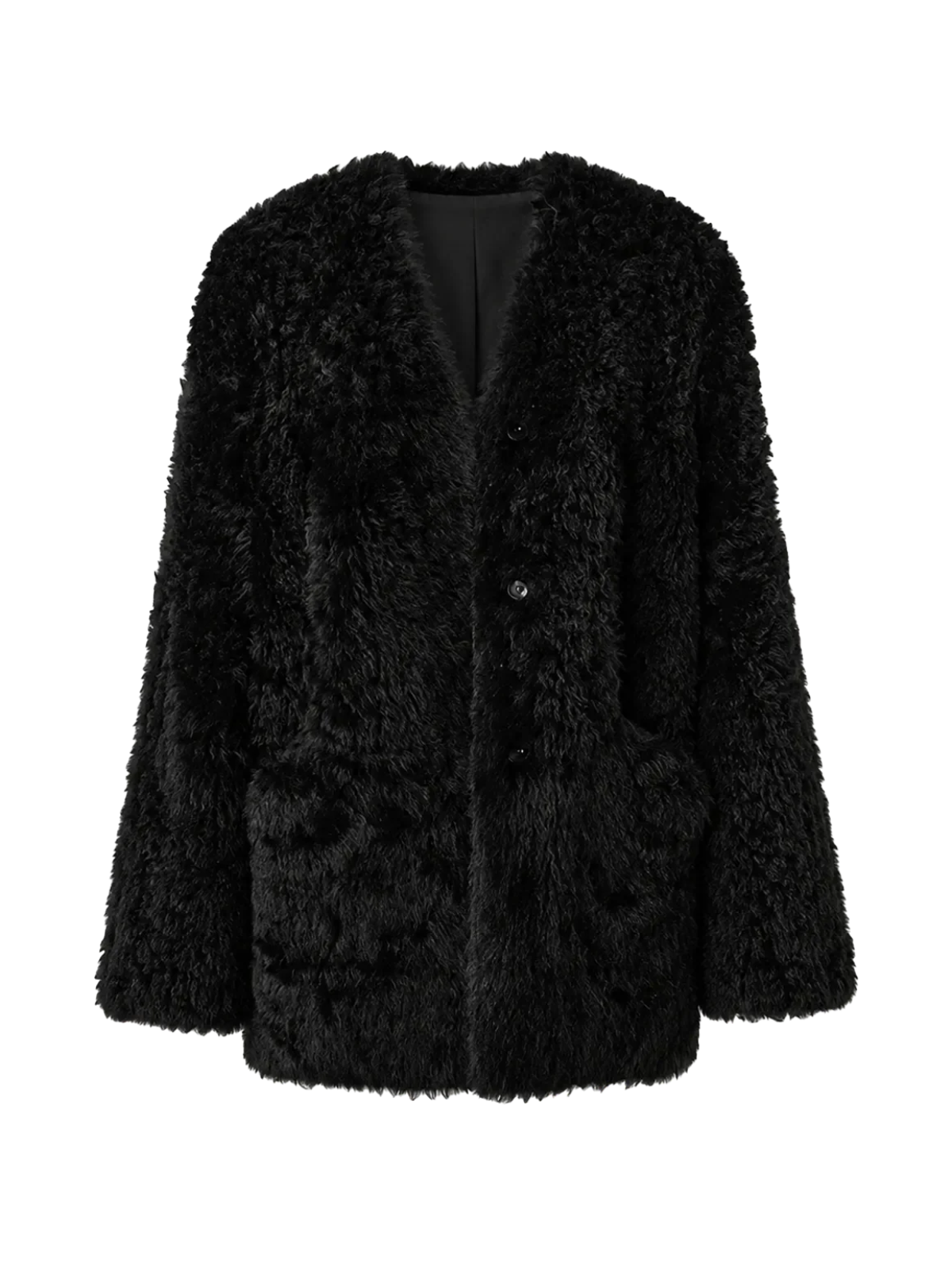 Castle Dusk black V-neck Toscana curly wool shearling coat, front product view