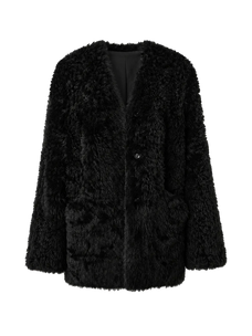 Castle Dusk black V-neck Toscana curly wool shearling coat, front product view