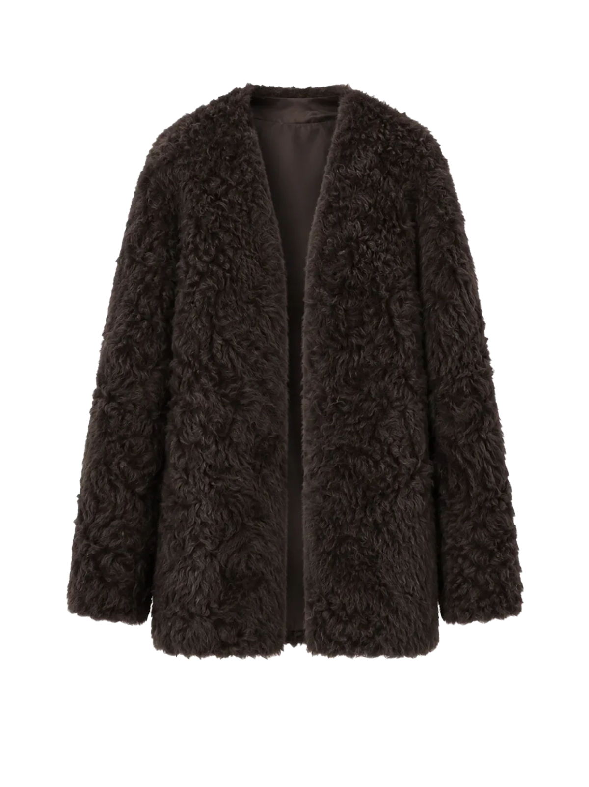 Castle Dusk camel brown V-neck Toscana curly wool shearling coat, front product view