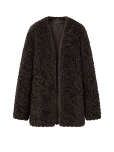 Castle Dusk camel brown V-neck Toscana curly wool shearling coat, front product view