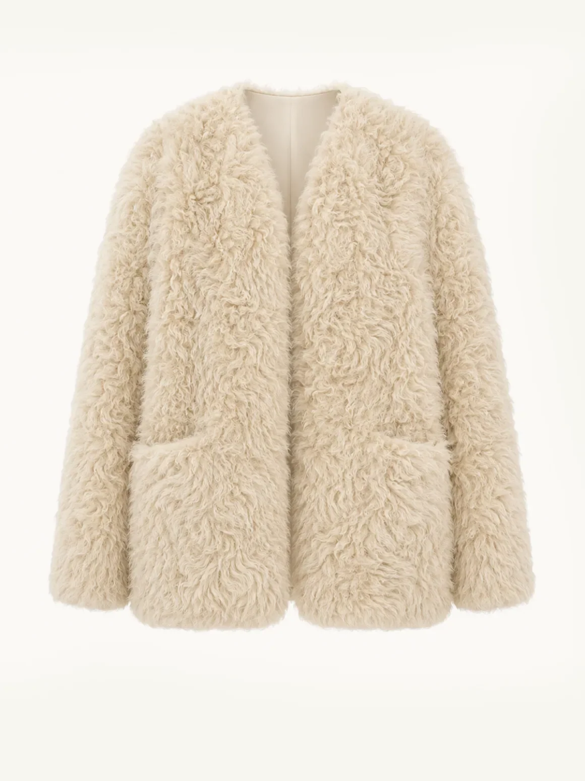 Castle Dusk natural ivory V-neck Toscana curly wool shearling coat, front product view