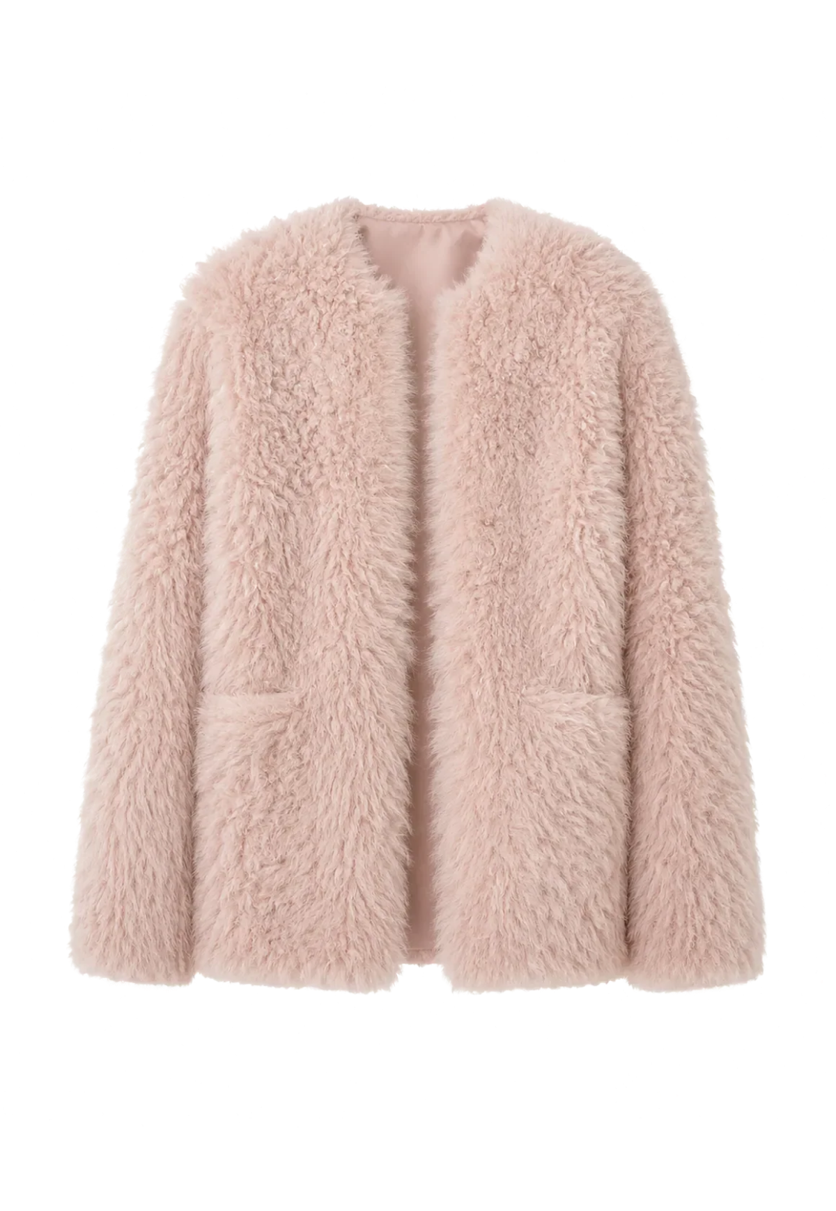 Castle Dusk pink V-neck Toscana curly wool shearling coat, front product view
