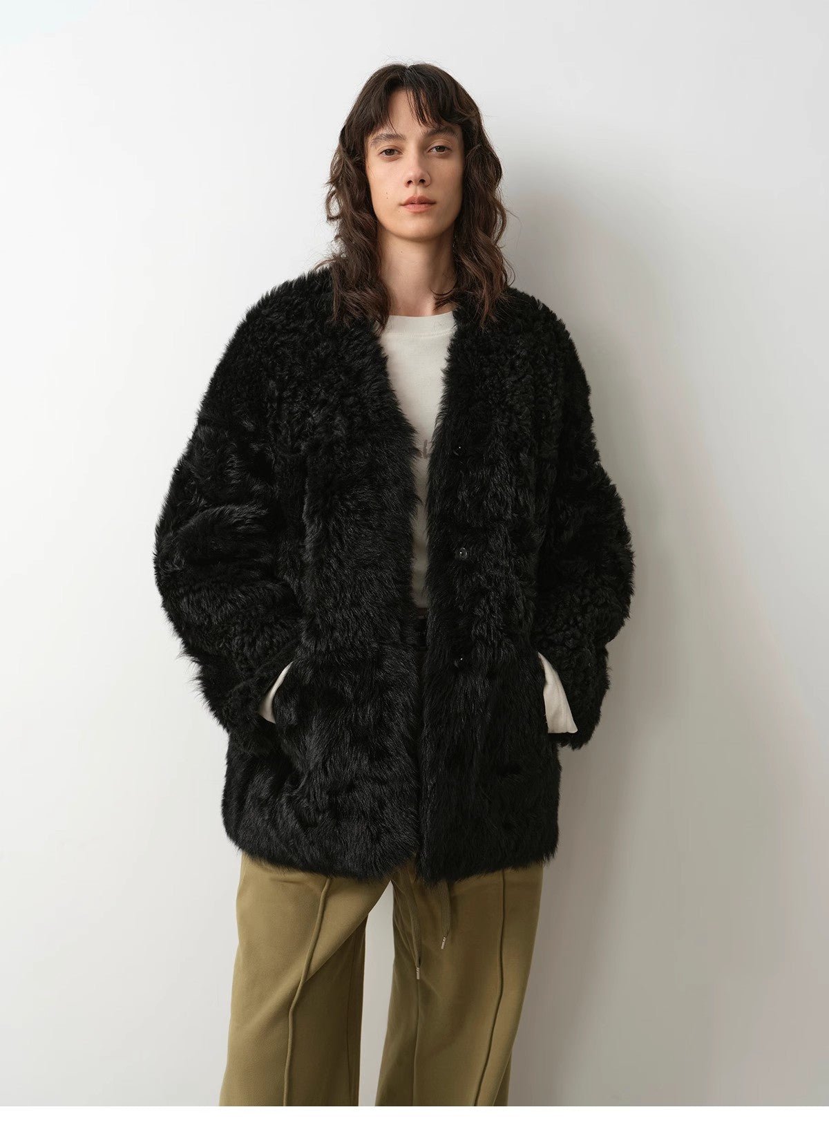 "Castle Dusk" V - neck Italian imported Tuscan curly wool sheepskin fur coat winter - variant_title