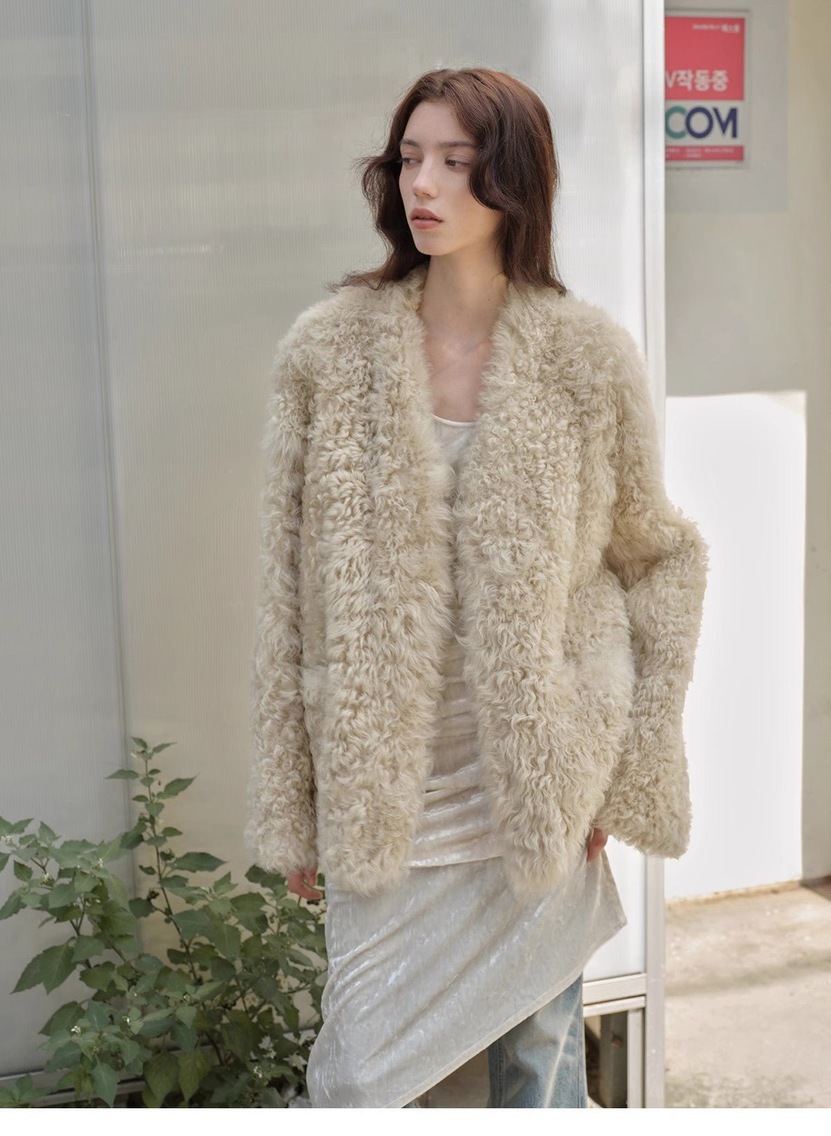 "Castle Dusk" V - neck Italian imported Tuscan curly wool sheepskin fur coat winter - variant_title