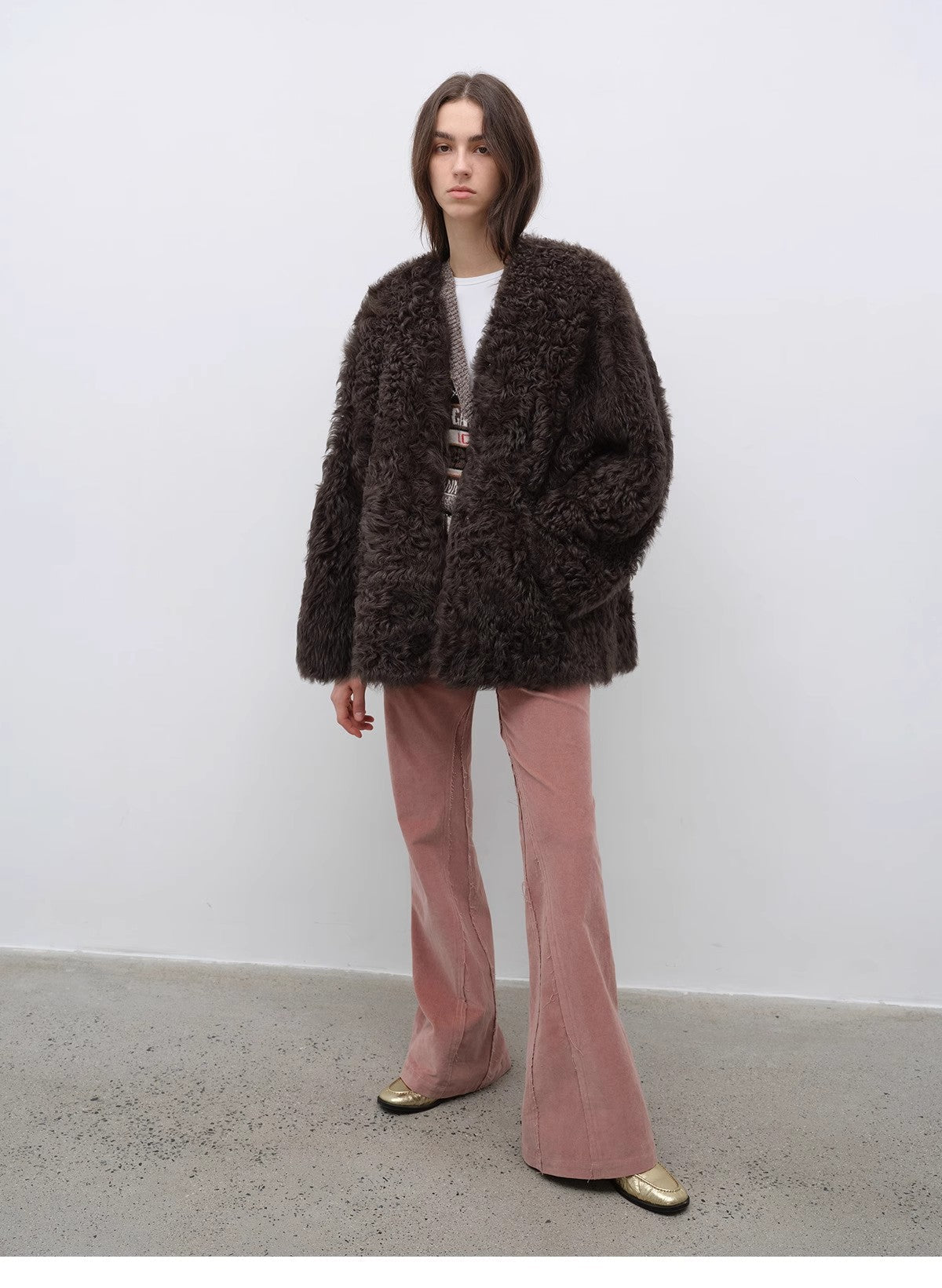 "Castle Dusk" V - neck Italian imported Tuscan curly wool sheepskin fur coat winter - variant_title