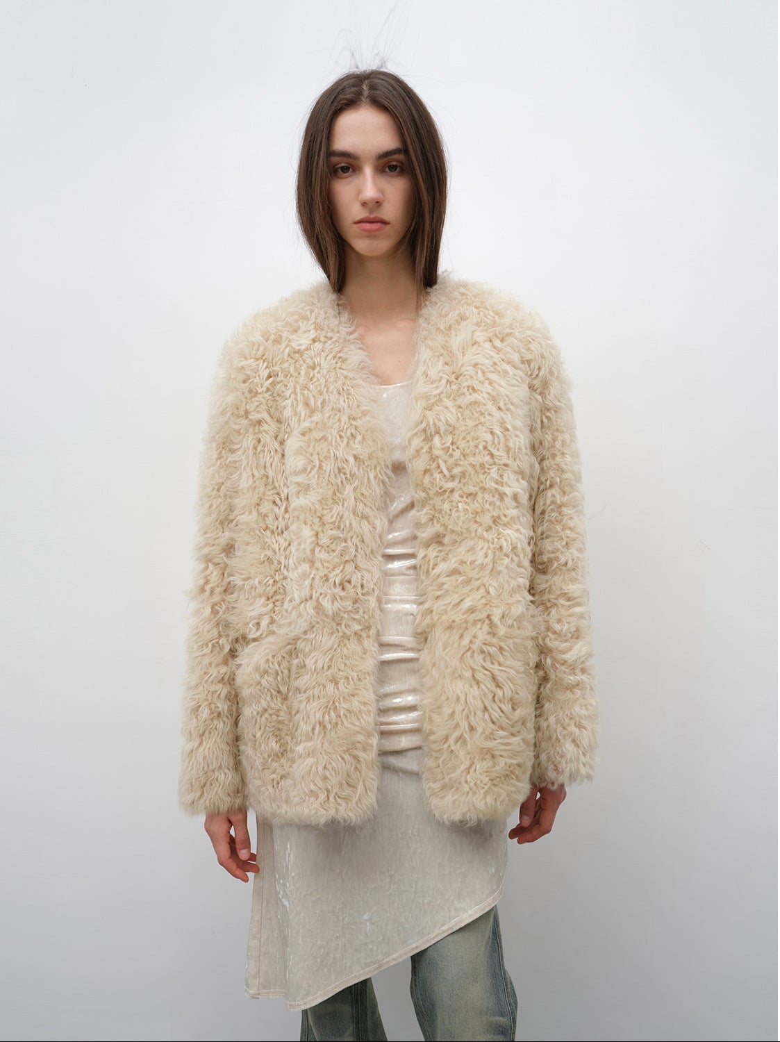 "Castle Dusk" V - neck Italian imported Tuscan curly wool sheepskin fur coat winter - variant_title