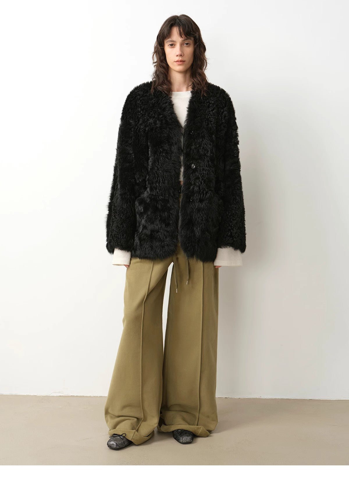 "Castle Dusk" V - neck Italian imported Tuscan curly wool sheepskin fur coat winter - variant_title