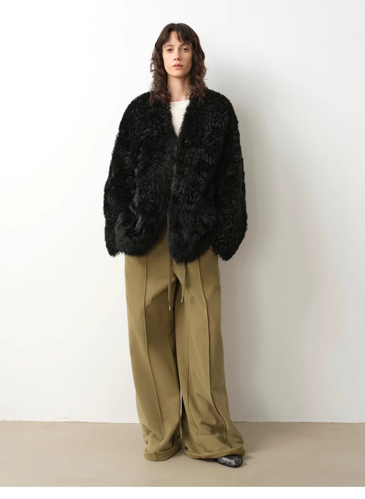 "Castle Dusk" V - neck Italian imported Tuscan curly wool sheepskin fur coat winter - variant_title