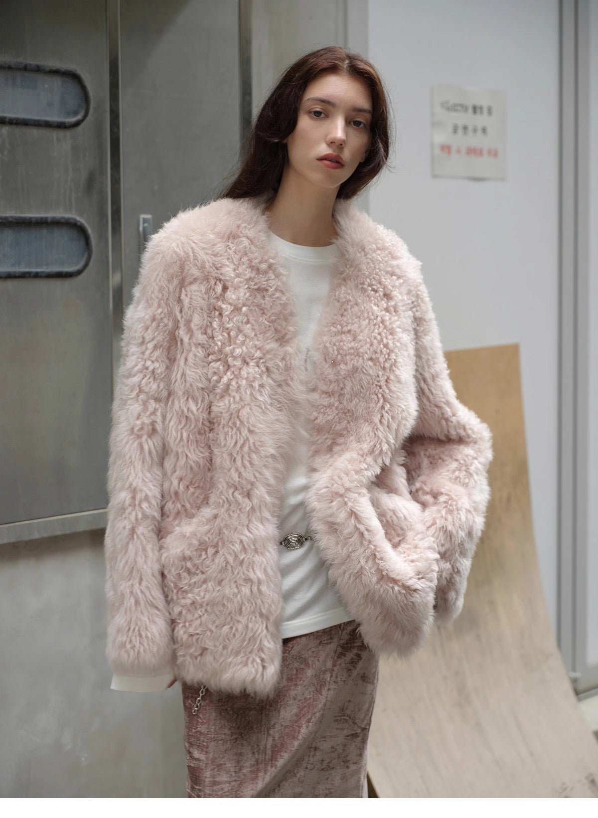 "Castle Dusk" V - neck Italian imported Tuscan curly wool sheepskin fur coat winter - variant_title