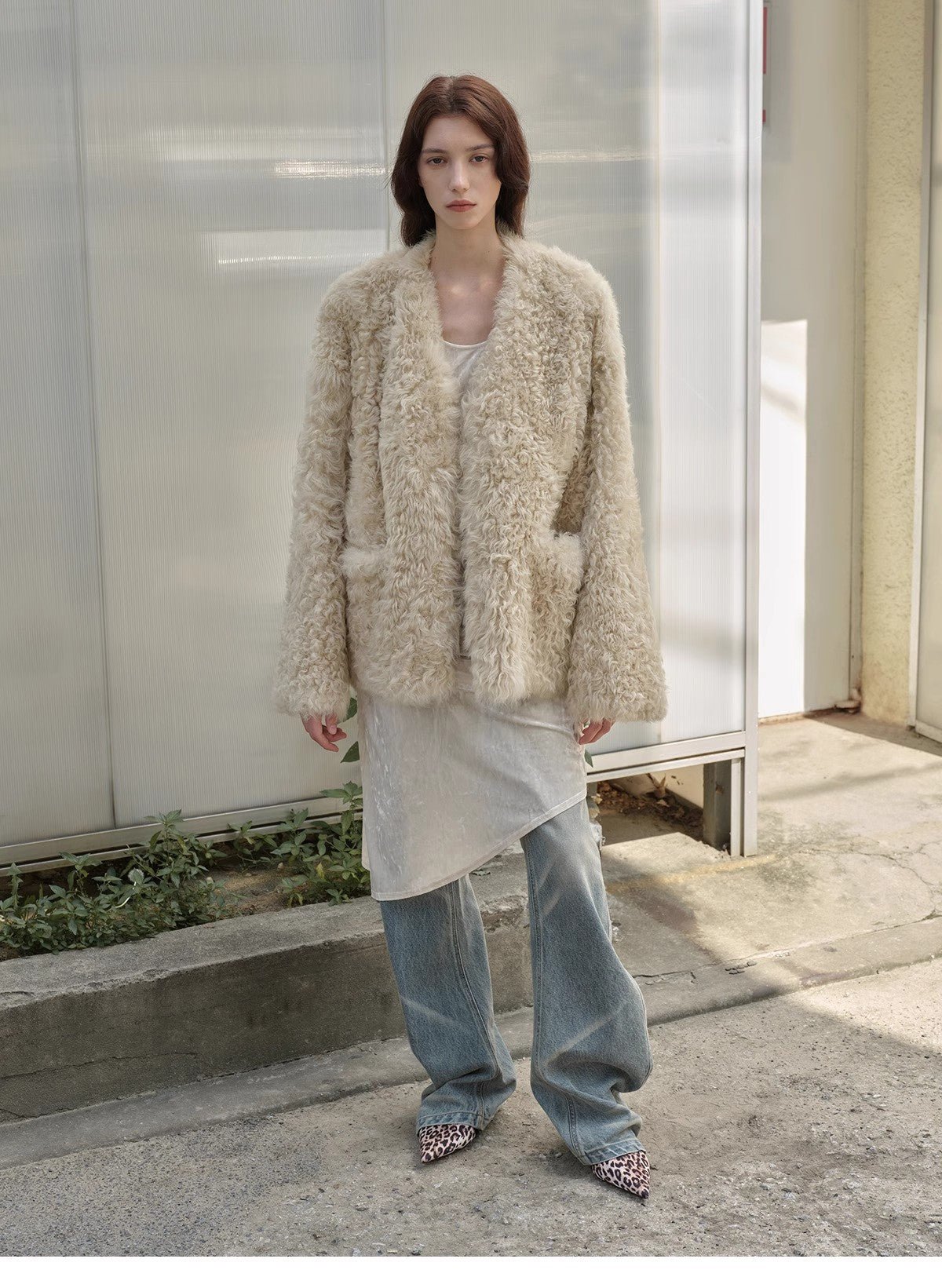 "Castle Dusk" V - neck Italian imported Tuscan curly wool sheepskin fur coat winter - variant_title