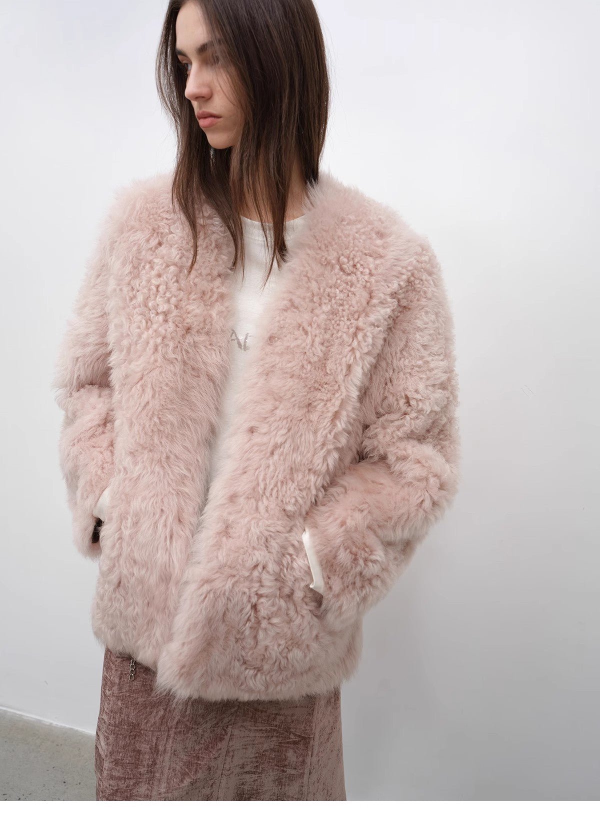 "Castle Dusk" V - neck Italian imported Tuscan curly wool sheepskin fur coat winter - variant_title