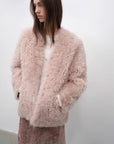 "Castle Dusk" V - neck Italian imported Tuscan curly wool sheepskin fur coat winter - variant_title
