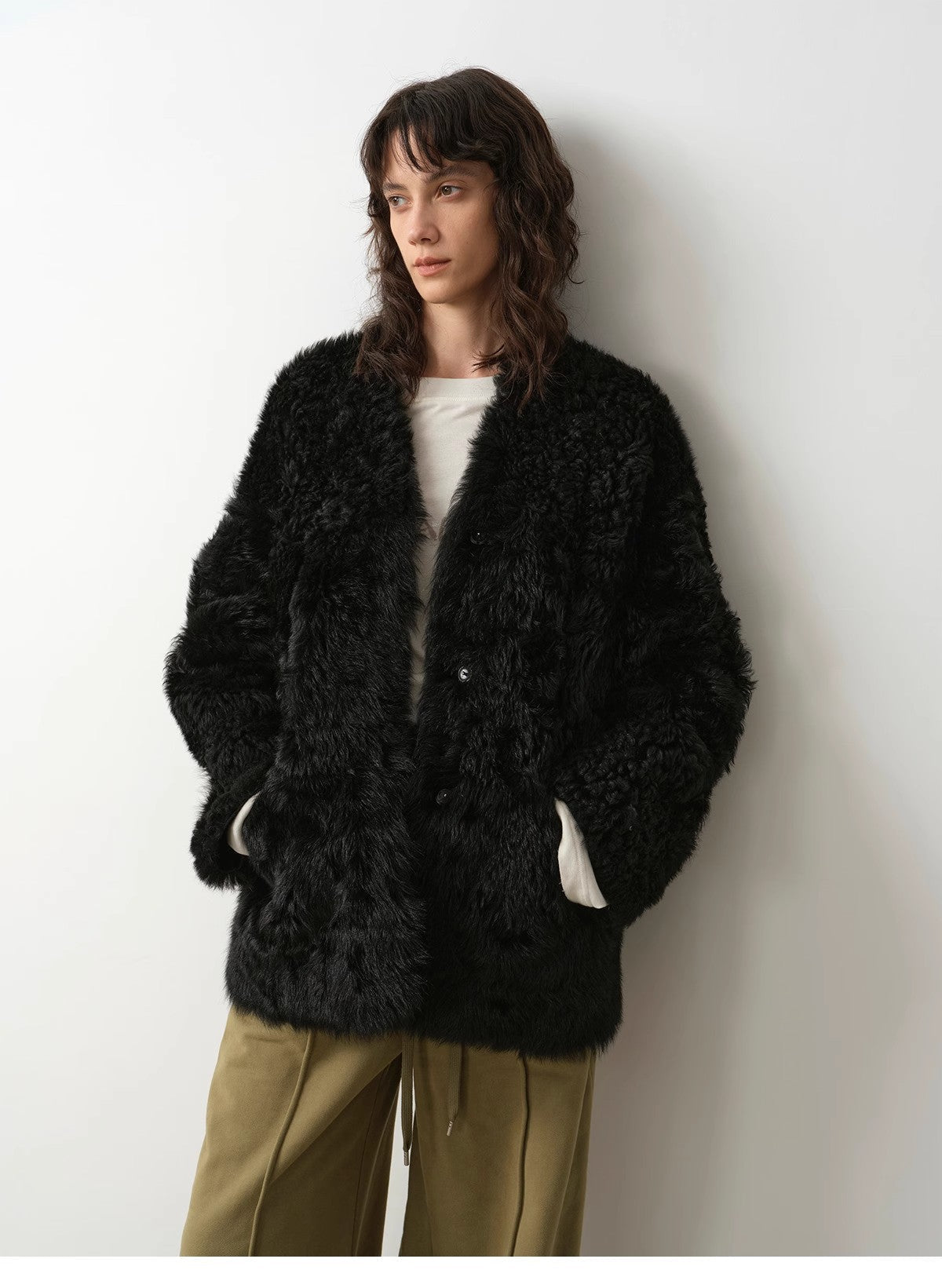 "Castle Dusk" V - neck Italian imported Tuscan curly wool sheepskin fur coat winter - variant_title