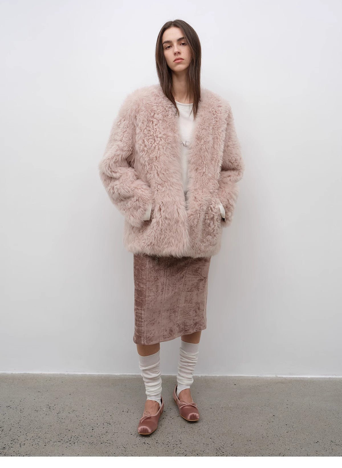 "Castle Dusk" V - neck Italian imported Tuscan curly wool sheepskin fur coat winter - variant_title