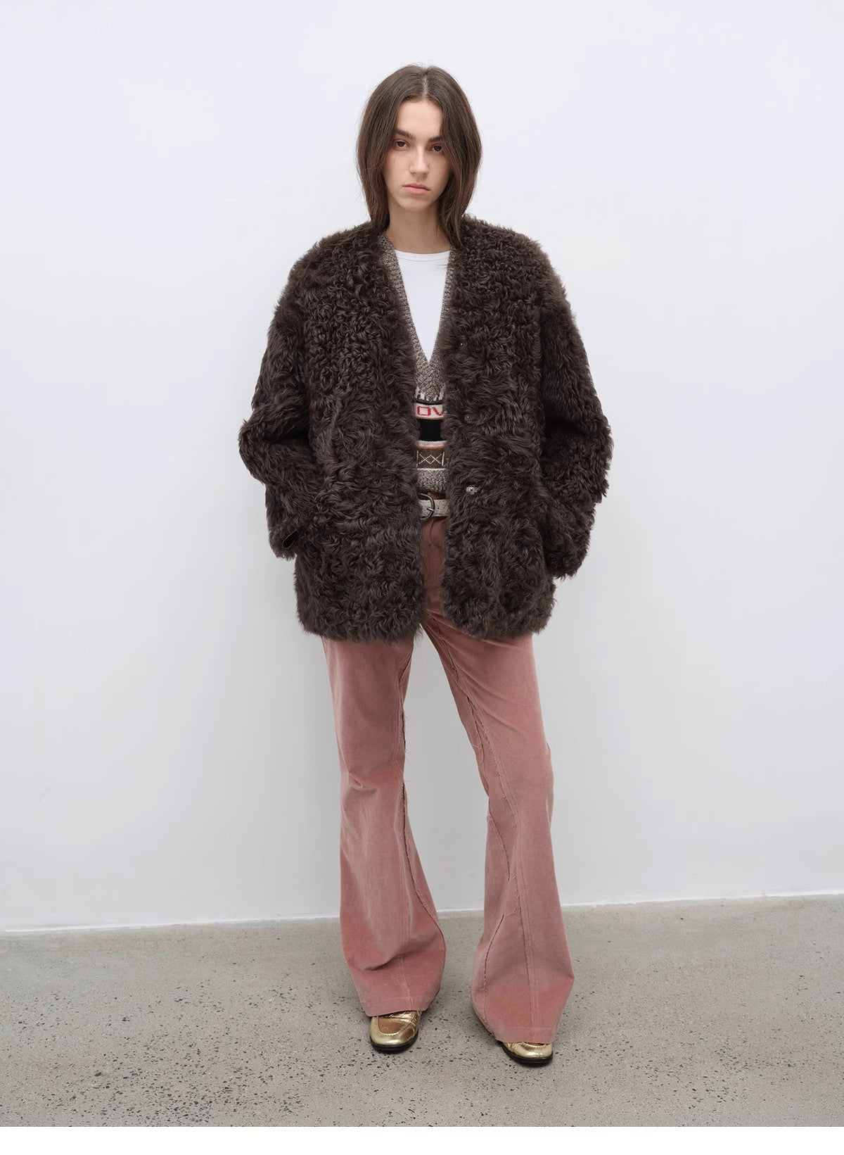 "Castle Dusk" V - neck Italian imported Tuscan curly wool sheepskin fur coat winter - variant_title