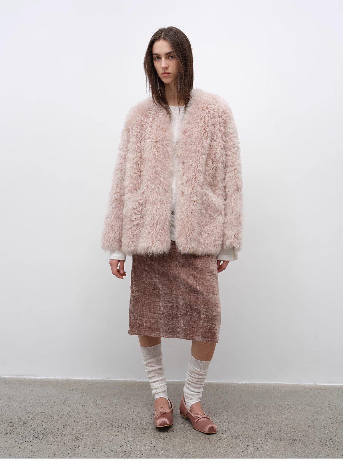 "Castle Dusk" V - neck Italian imported Tuscan curly wool sheepskin fur coat winter - variant_title