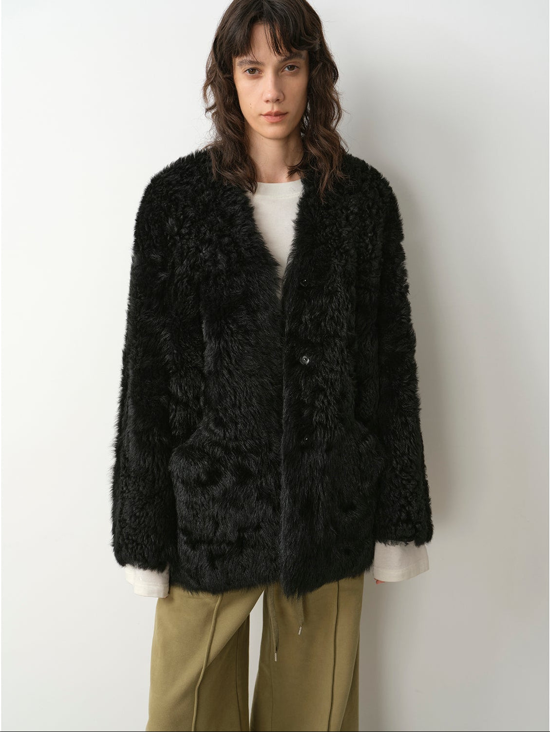 "Castle Dusk" V - neck Italian imported Tuscan curly wool sheepskin fur coat winter - variant_title
