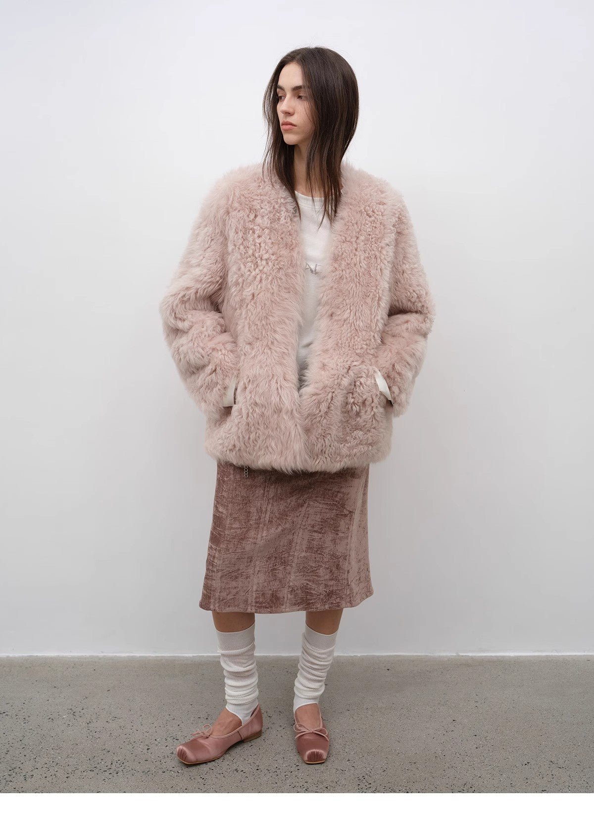 "Castle Dusk" V - neck Italian imported Tuscan curly wool sheepskin fur coat winter - variant_title