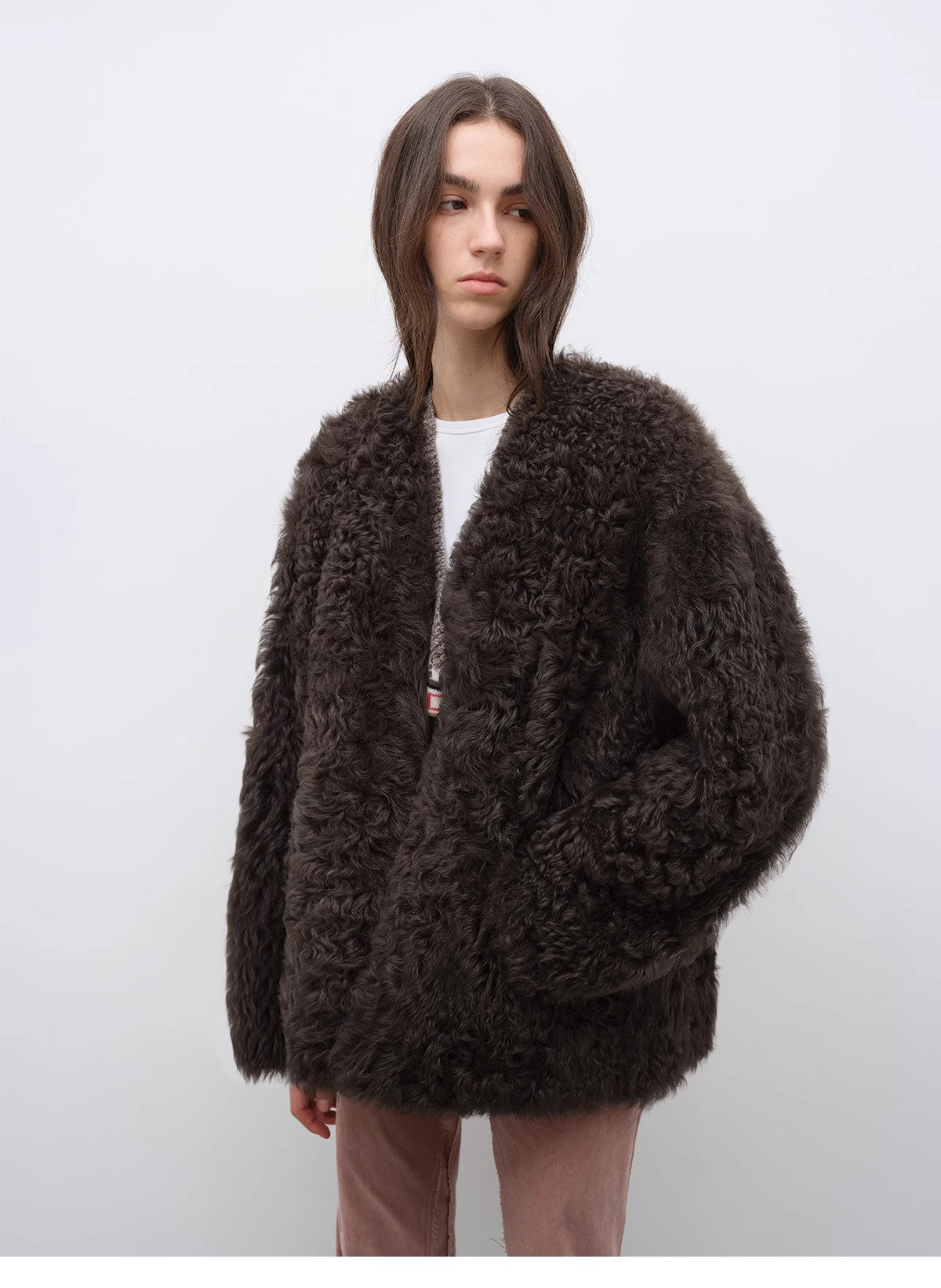 "Castle Dusk" V - neck Italian imported Tuscan curly wool sheepskin fur coat winter - variant_title
