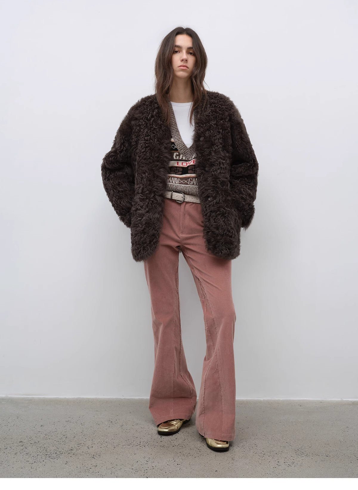 "Castle Dusk" V - neck Italian imported Tuscan curly wool sheepskin fur coat winter - variant_title