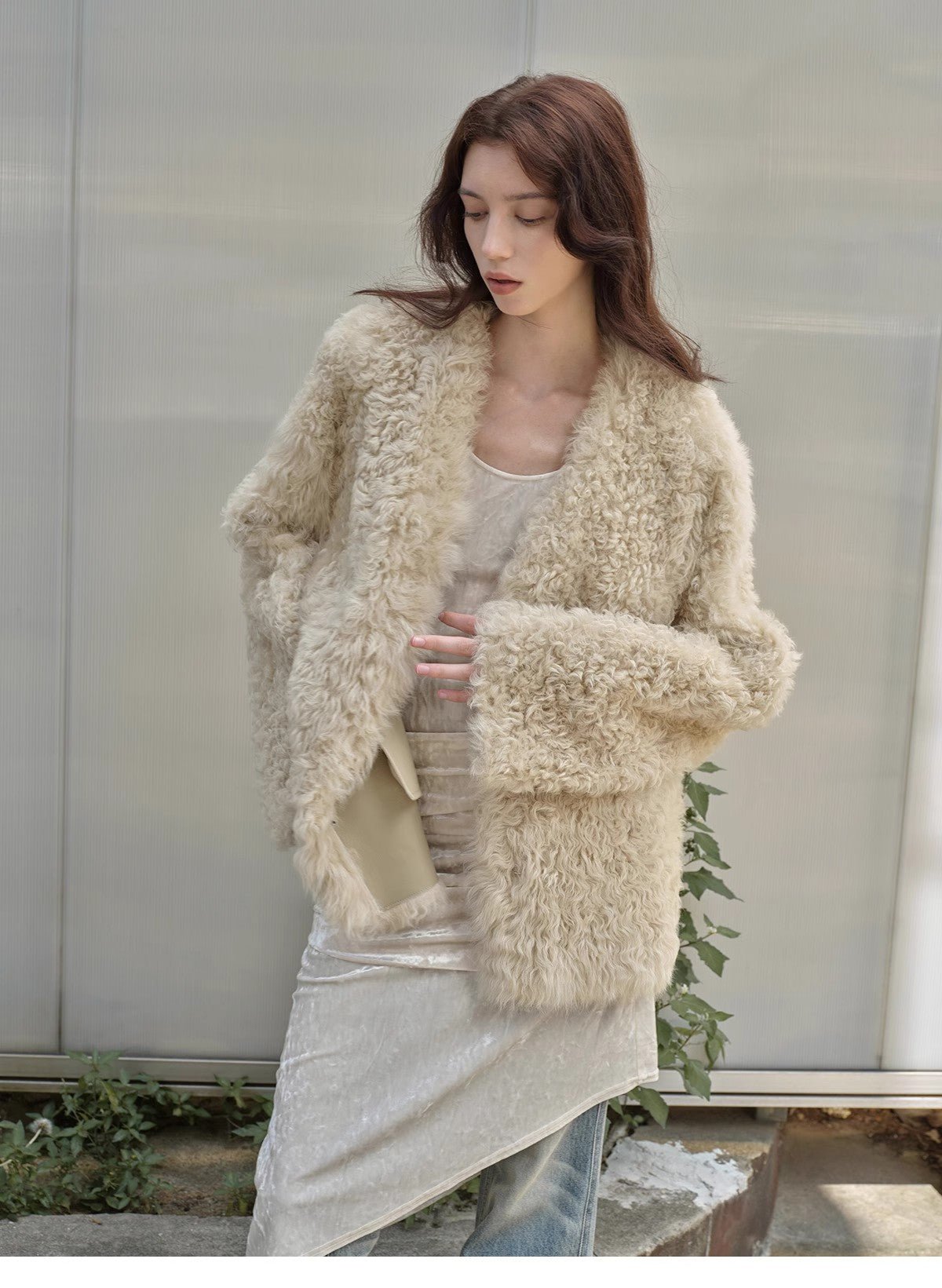 "Castle Dusk" V - neck Italian imported Tuscan curly wool sheepskin fur coat winter - variant_title