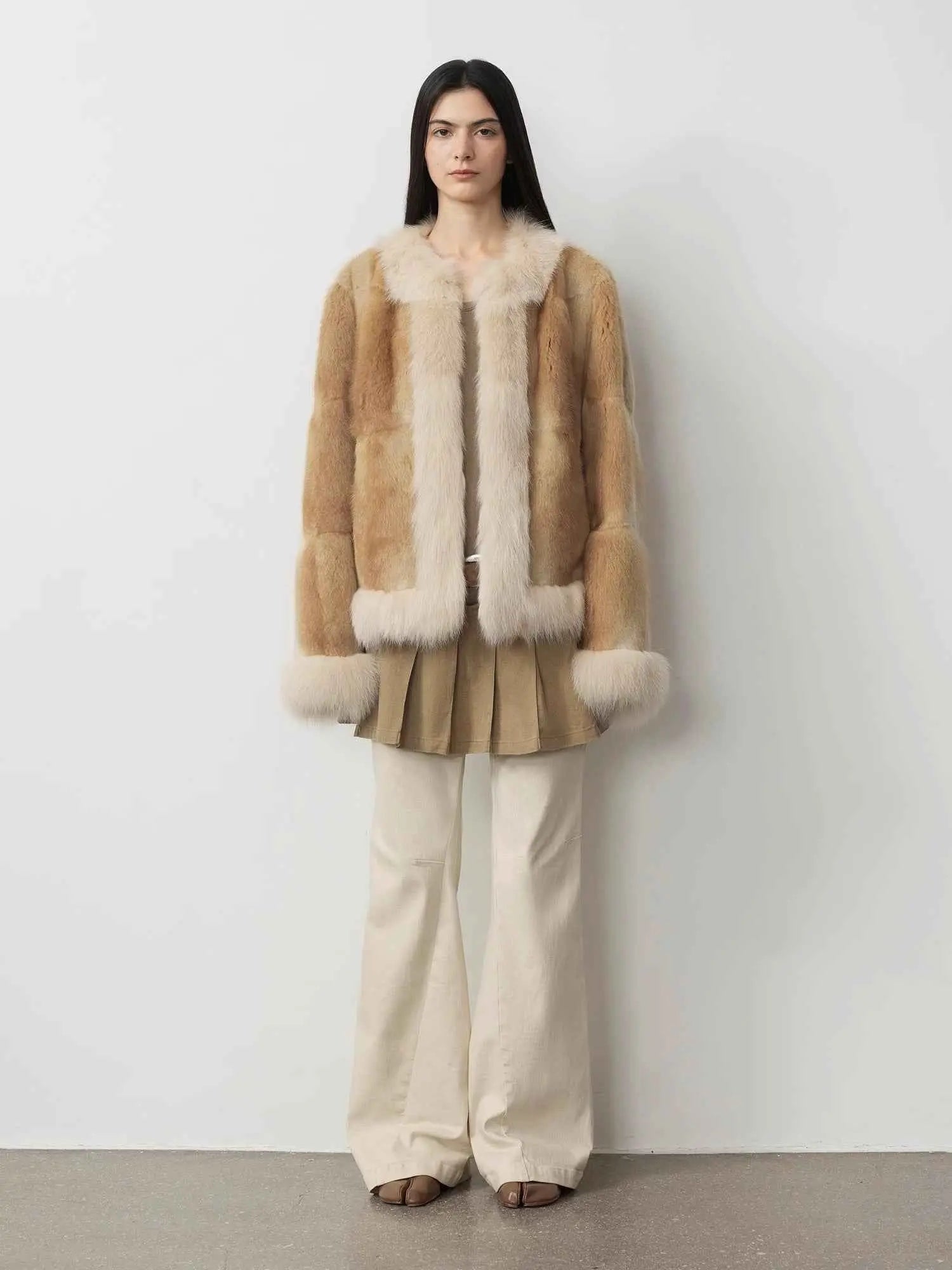 Casual Gene Yellow Apricot fur coat, full-length model view