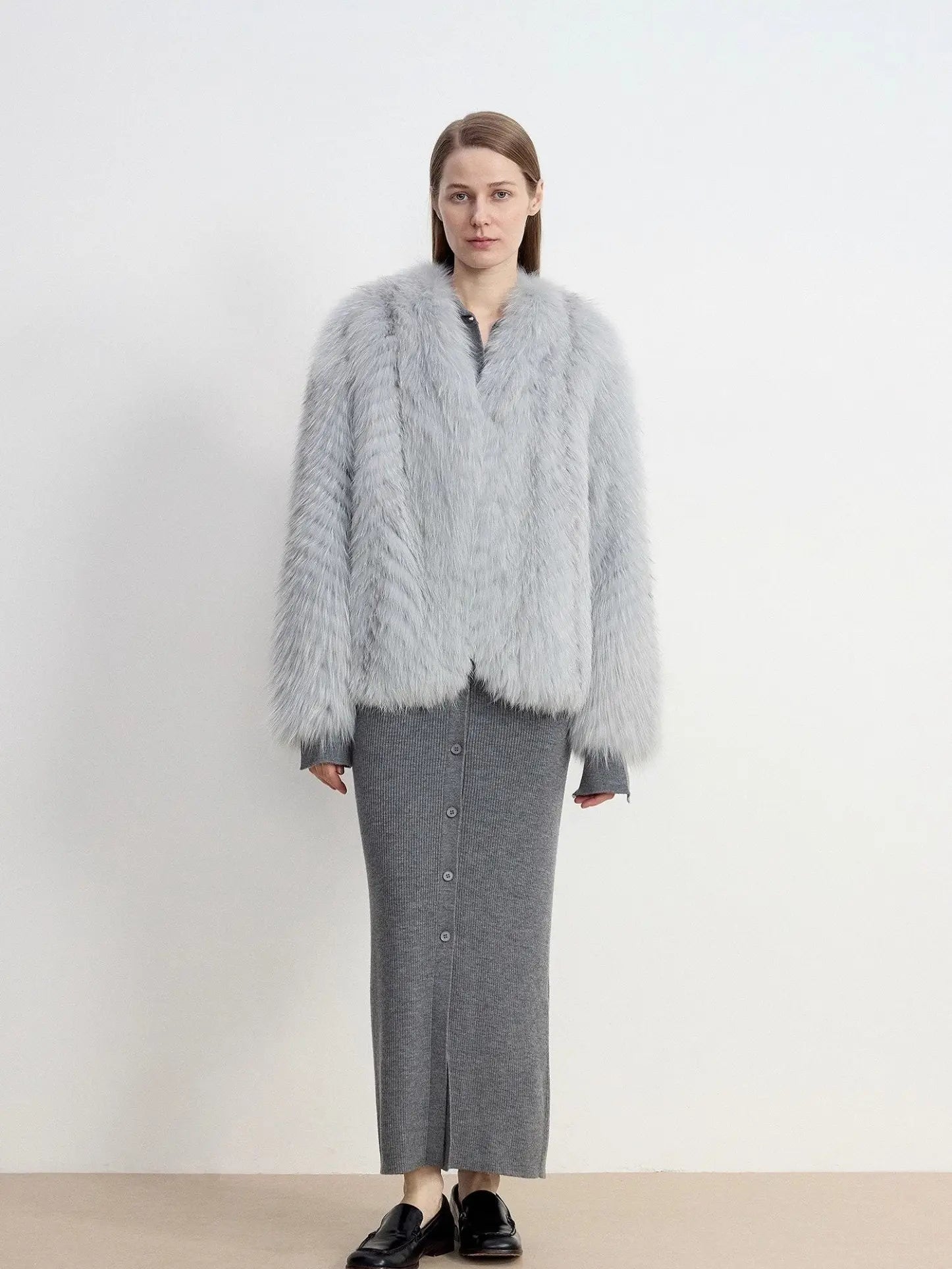 Champagne Ice Blue fox fur coat styled on model, full-length view
