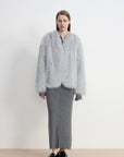 Champagne Ice Blue fox fur coat styled on model, full-length view