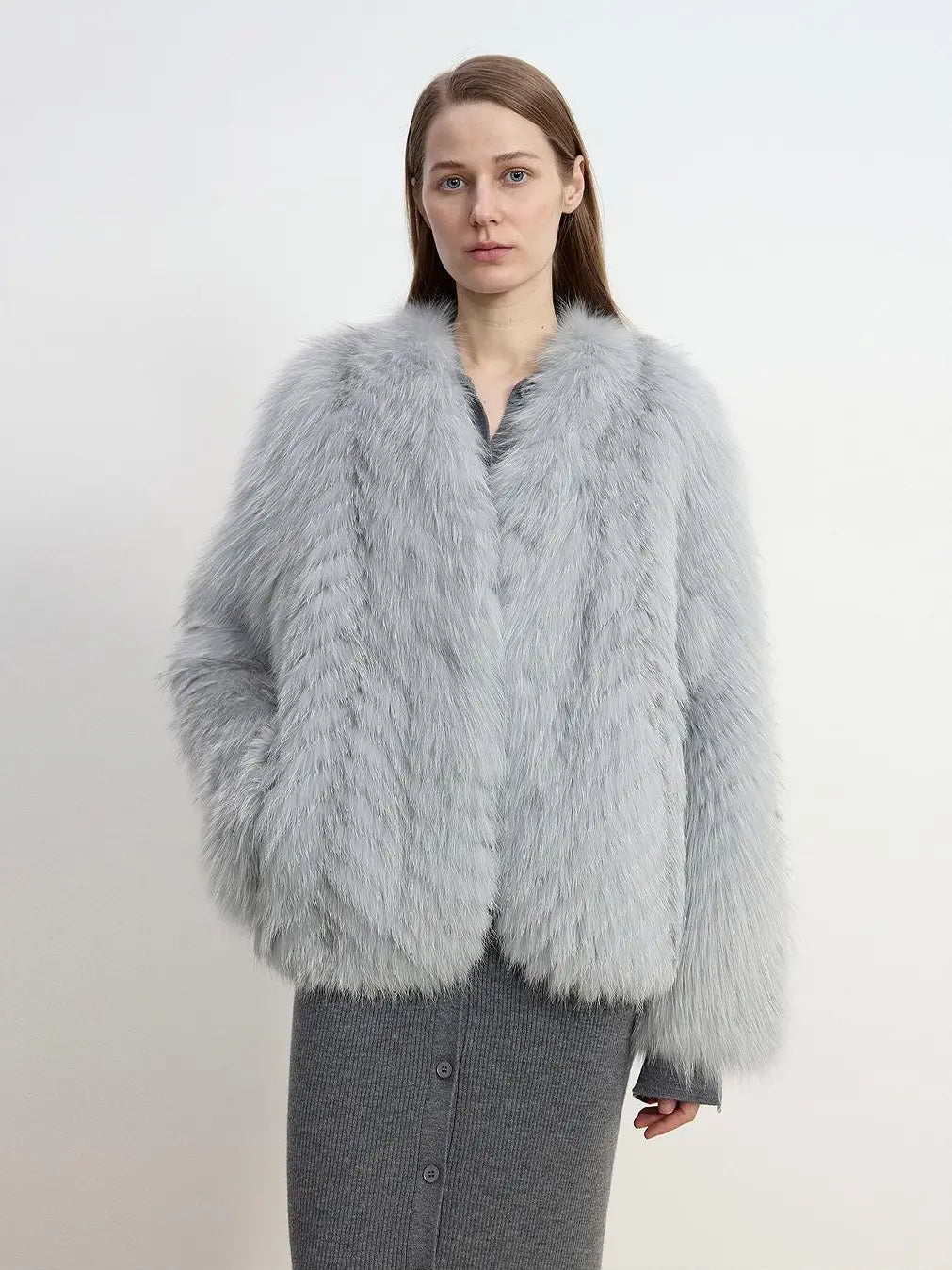 Model wearing Champagne Ice Blue SagaFurs fox fur coat, front view
