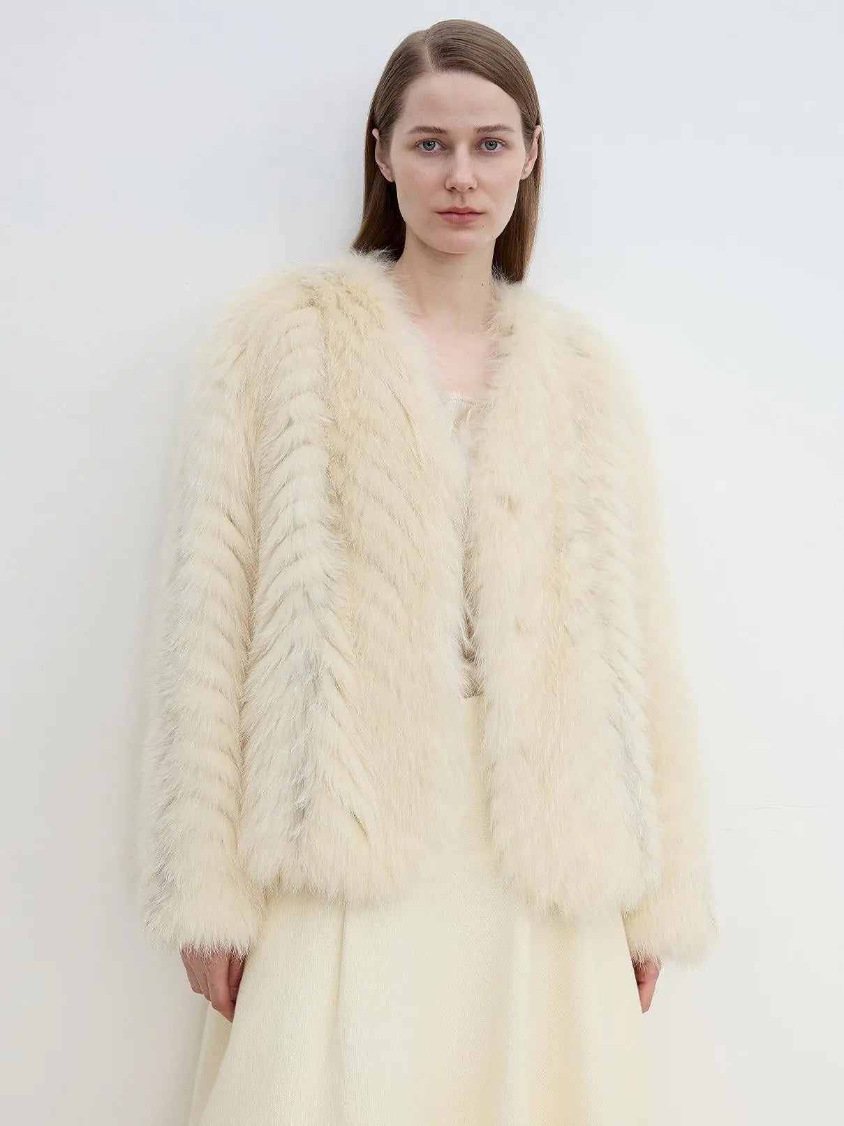 Champagne Light Yellow V-neck fox fur coat, close front view
