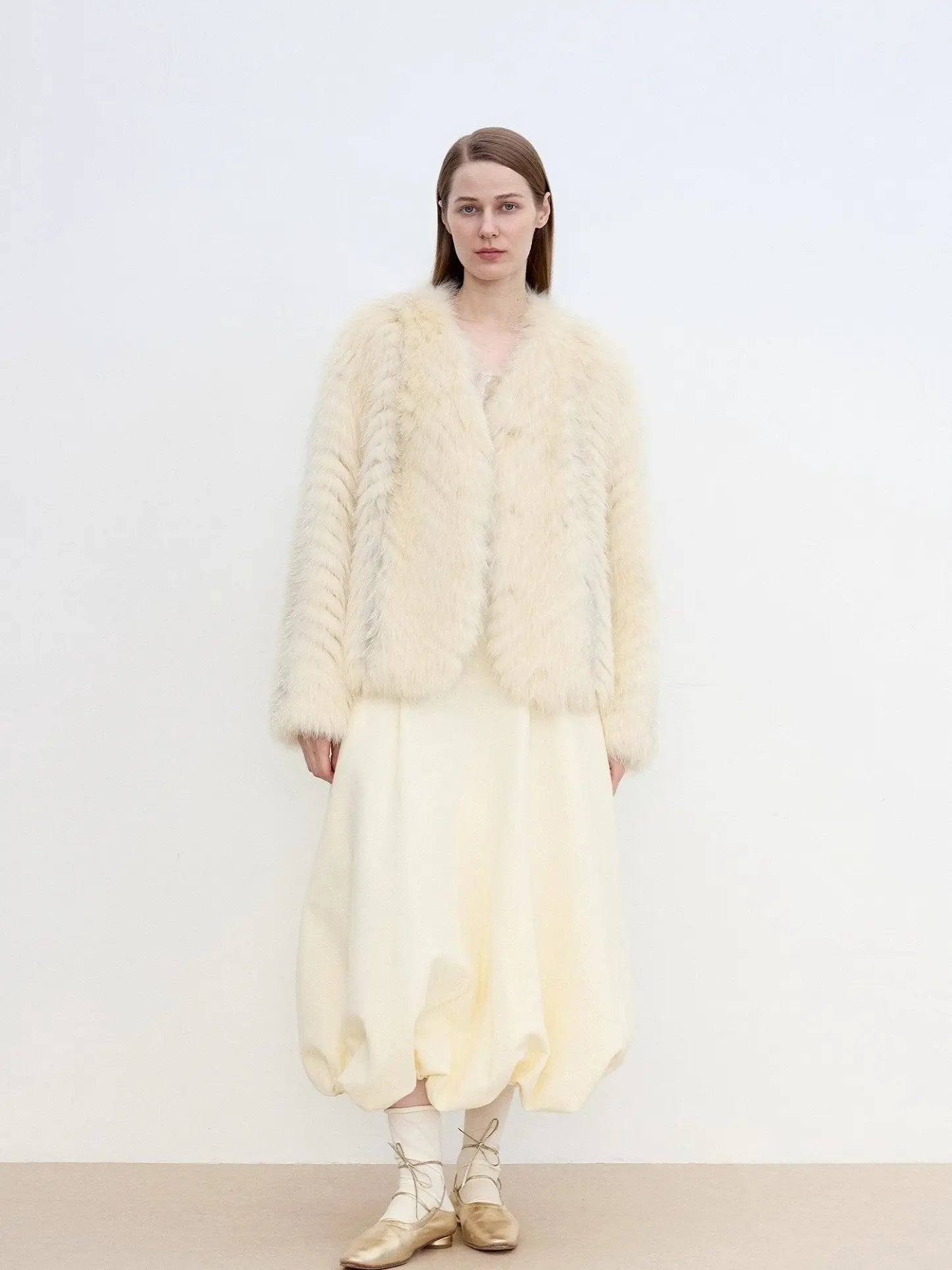 Champagne Light Yellow fox fur jacket on model, full-length view