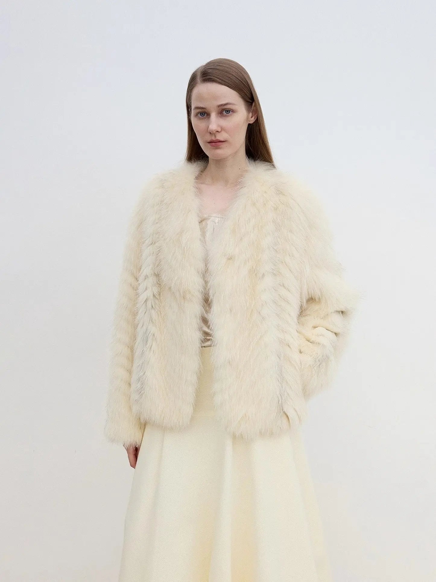 Champagne Light Yellow striped fox fur coat on model