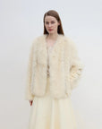 Champagne Light Yellow striped fox fur coat on model