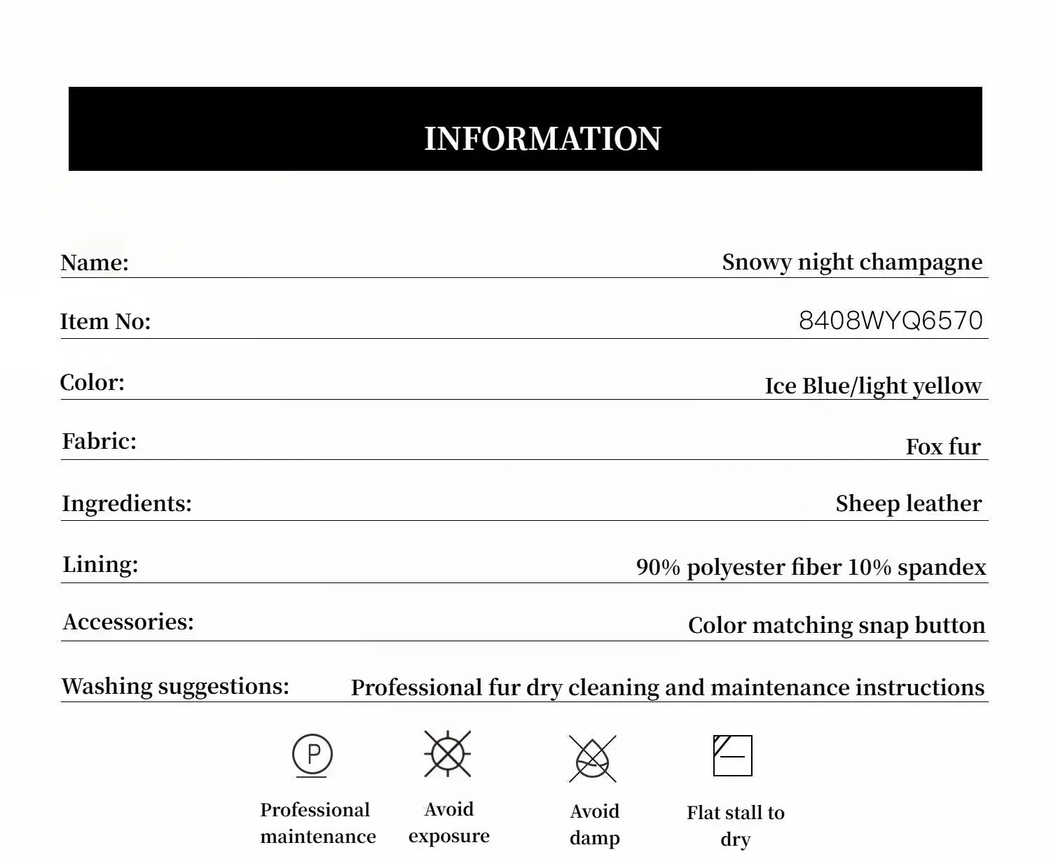 Champagne SagaFurs fox fur coat material and care information