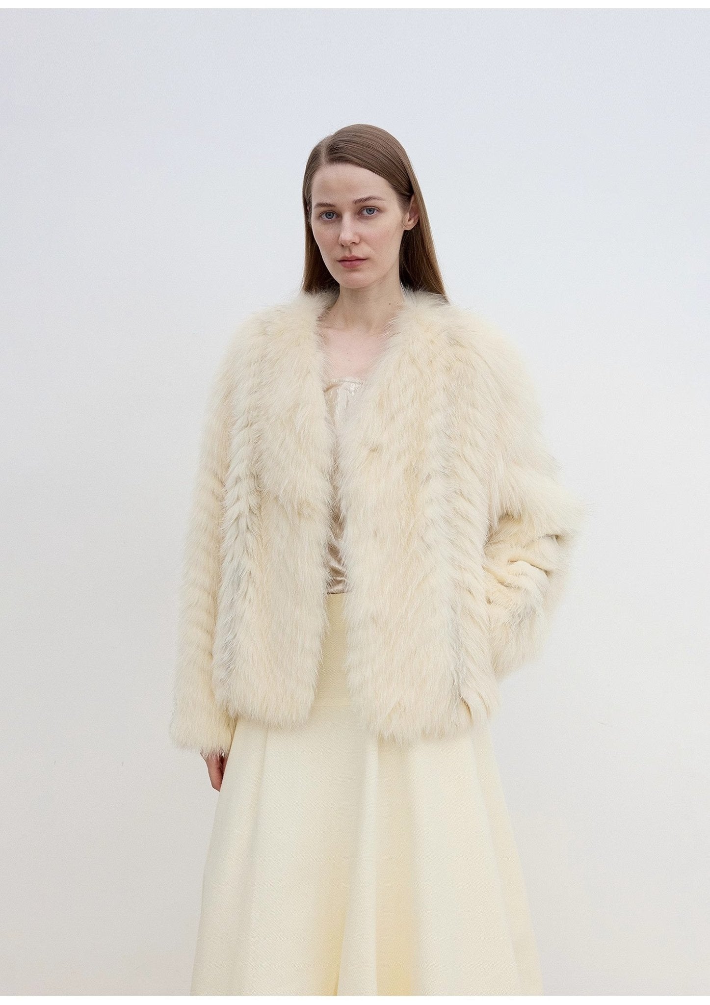 "Champagne on a Snowy Night" imported fox fur two - tone V - neck oblique stripe slim jacket - variant_title