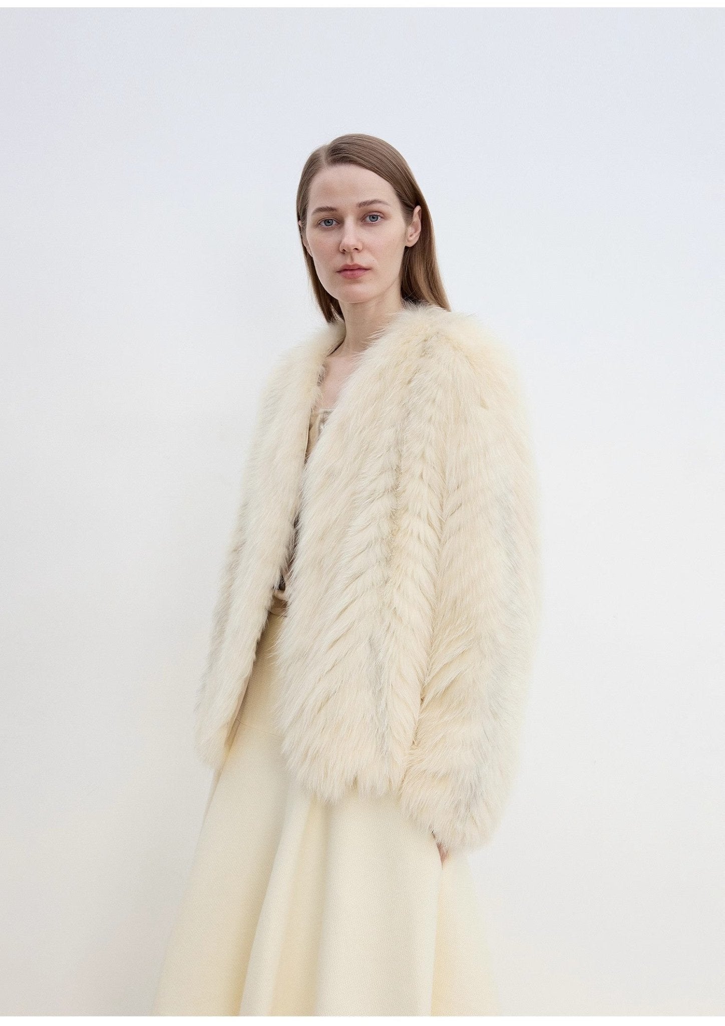 "Champagne on a Snowy Night" imported fox fur two - tone V - neck oblique stripe slim jacket - variant_title
