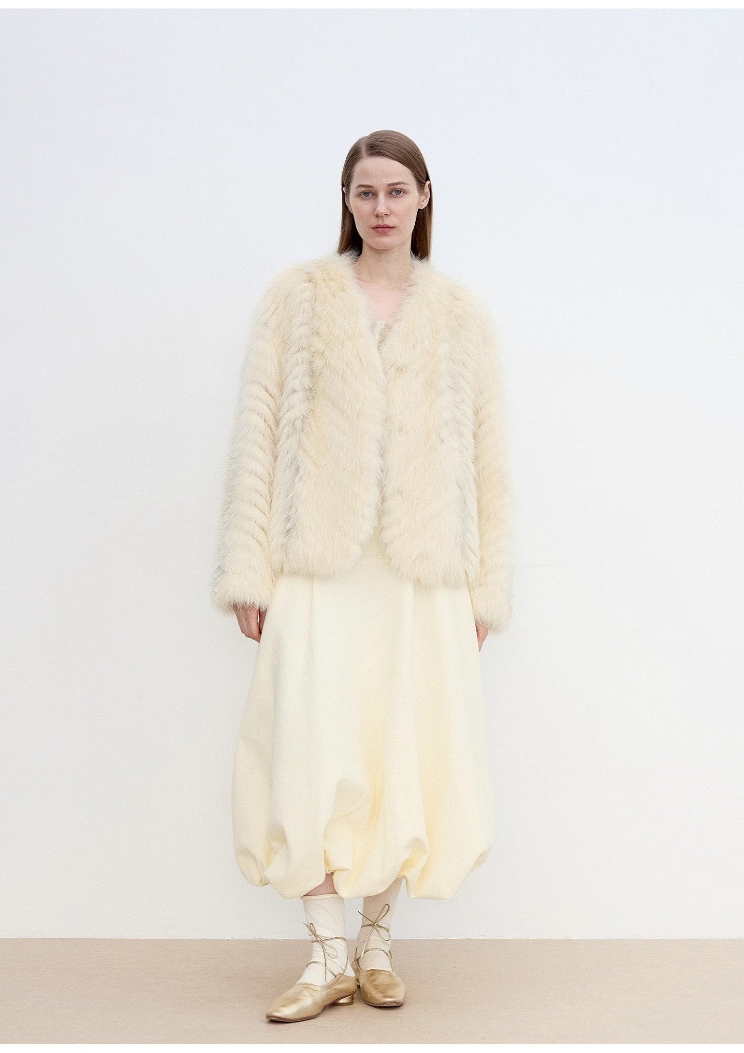 "Champagne on a Snowy Night" imported fox fur two - tone V - neck oblique stripe slim jacket - variant_title