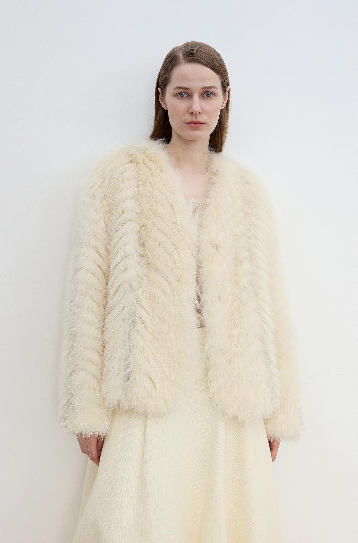 "Champagne on a Snowy Night" imported fox fur two - tone V - neck oblique stripe slim jacket - variant_title