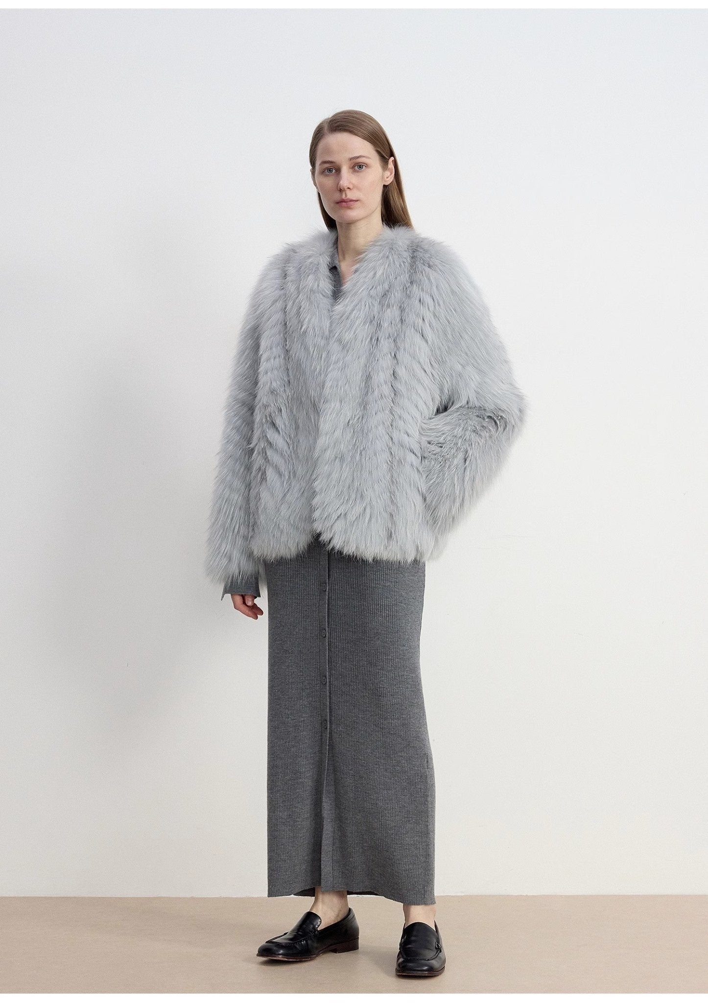 "Champagne on a Snowy Night" imported fox fur two - tone V - neck oblique stripe slim jacket - variant_title