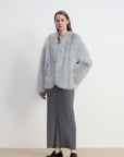 "Champagne on a Snowy Night" imported fox fur two - tone V - neck oblique stripe slim jacket - variant_title