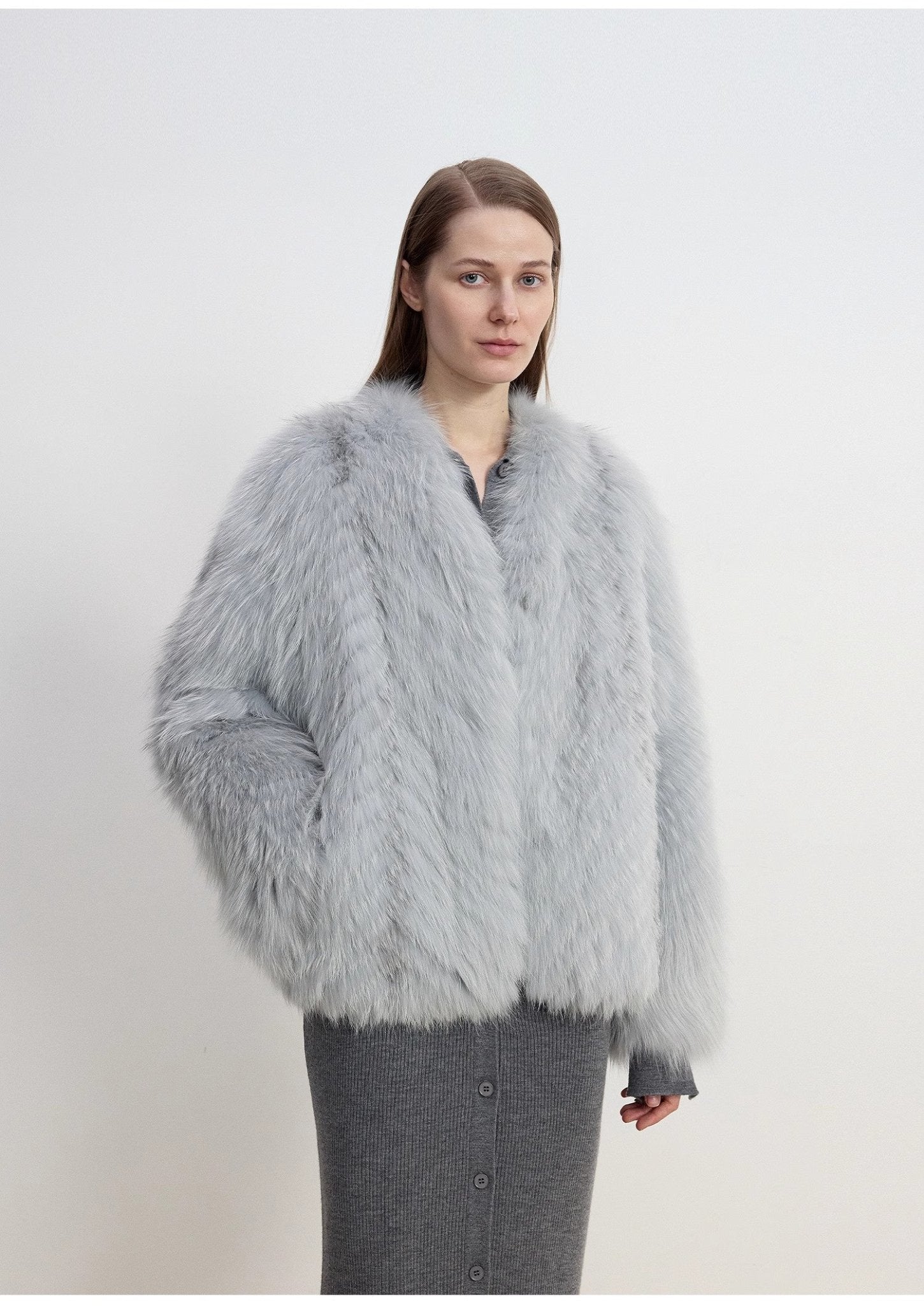 "Champagne on a Snowy Night" imported fox fur two - tone V - neck oblique stripe slim jacket - variant_title