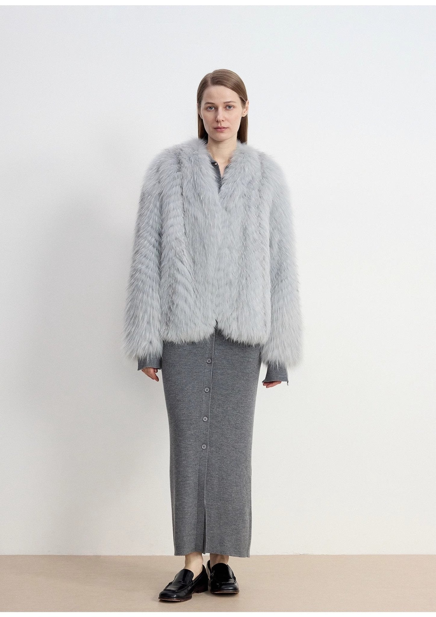 "Champagne on a Snowy Night" imported fox fur two - tone V - neck oblique stripe slim jacket - variant_title