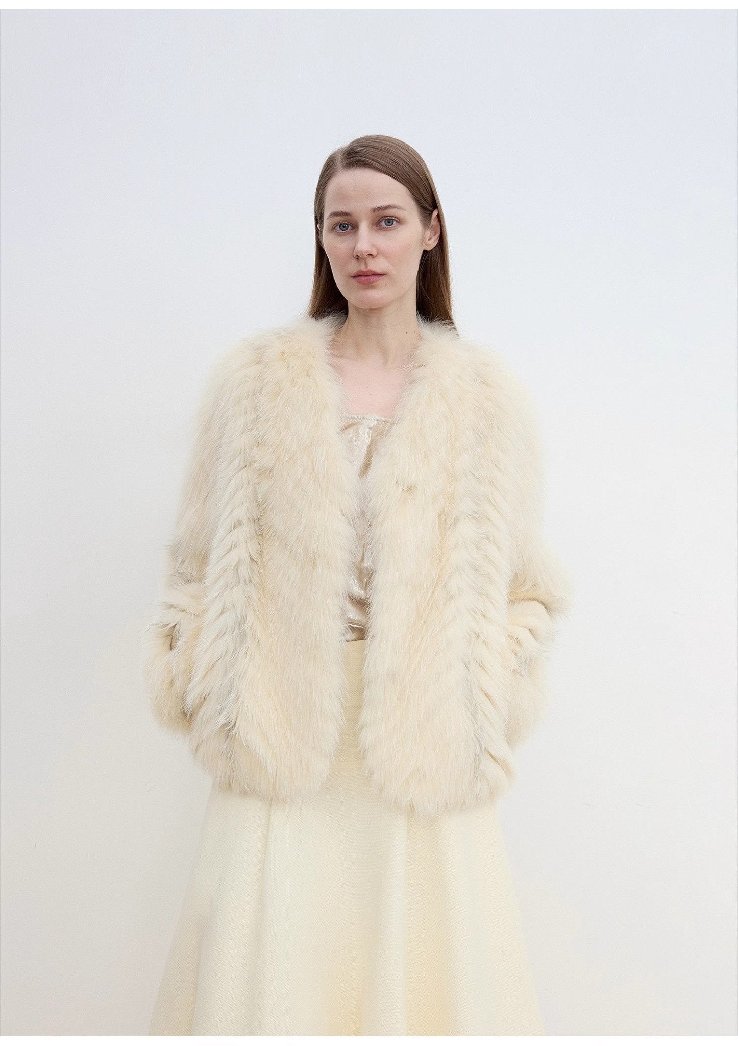 "Champagne on a Snowy Night" imported fox fur two - tone V - neck oblique stripe slim jacket - variant_title