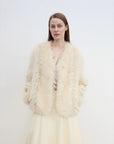 "Champagne on a Snowy Night" imported fox fur two - tone V - neck oblique stripe slim jacket - variant_title