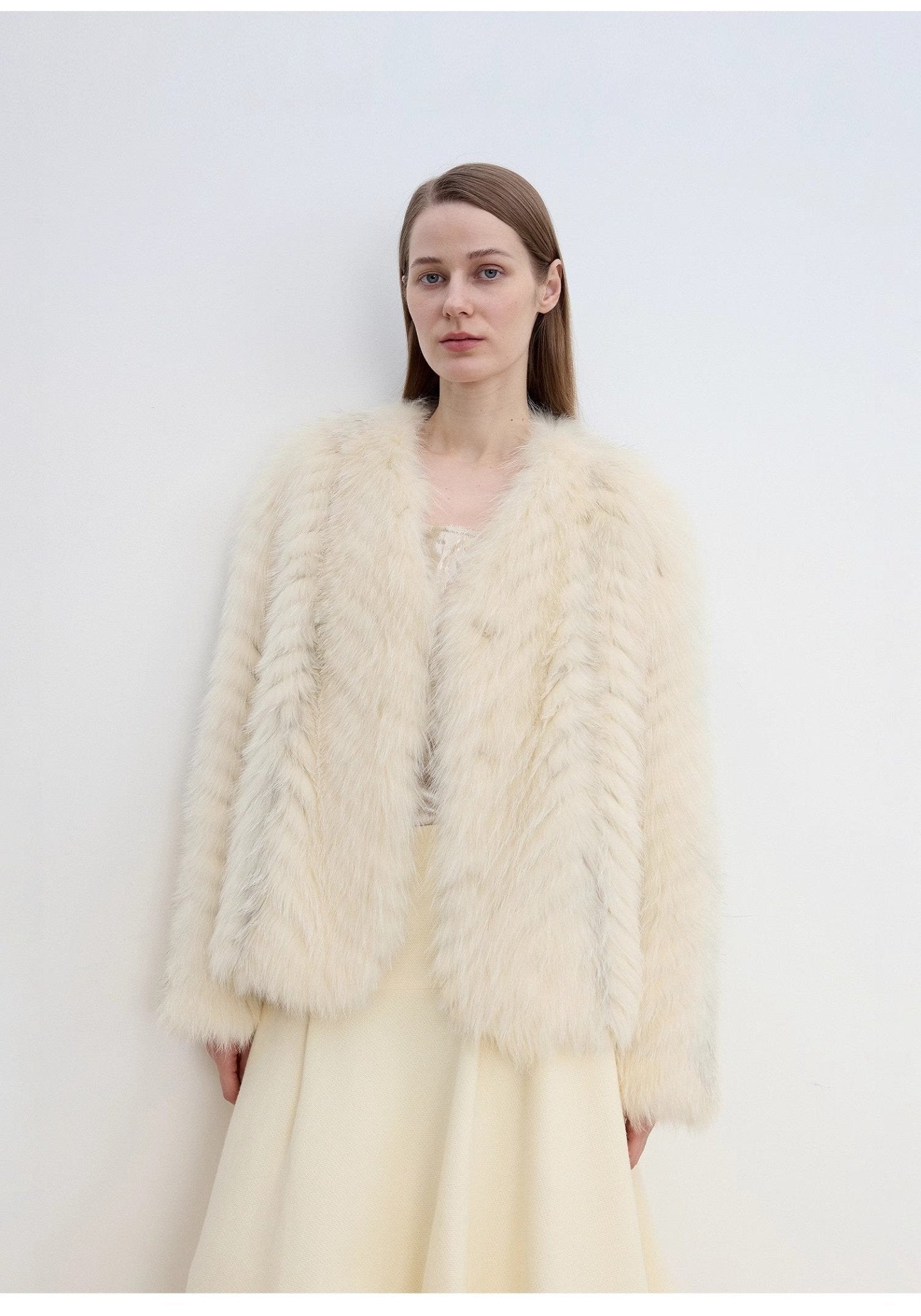"Champagne on a Snowy Night" imported fox fur two - tone V - neck oblique stripe slim jacket - variant_title