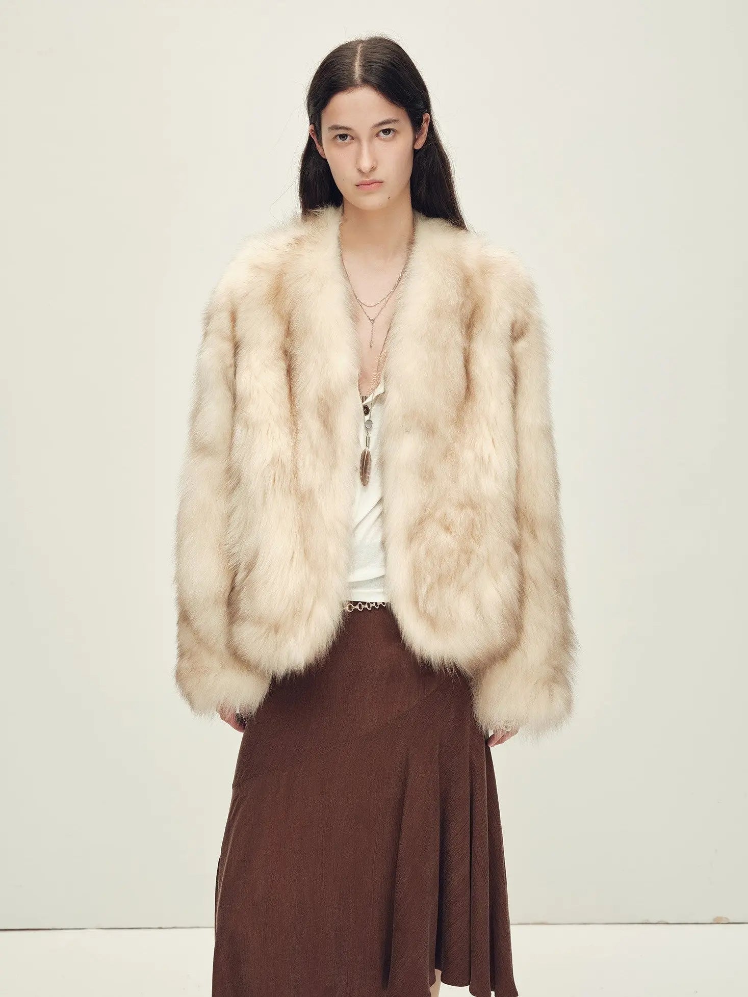Chic Sister Apricot Brown V-neck fox fur coat, straight-on model view