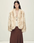 Chic Sister Apricot Brown V-neck fox fur coat, straight-on model view