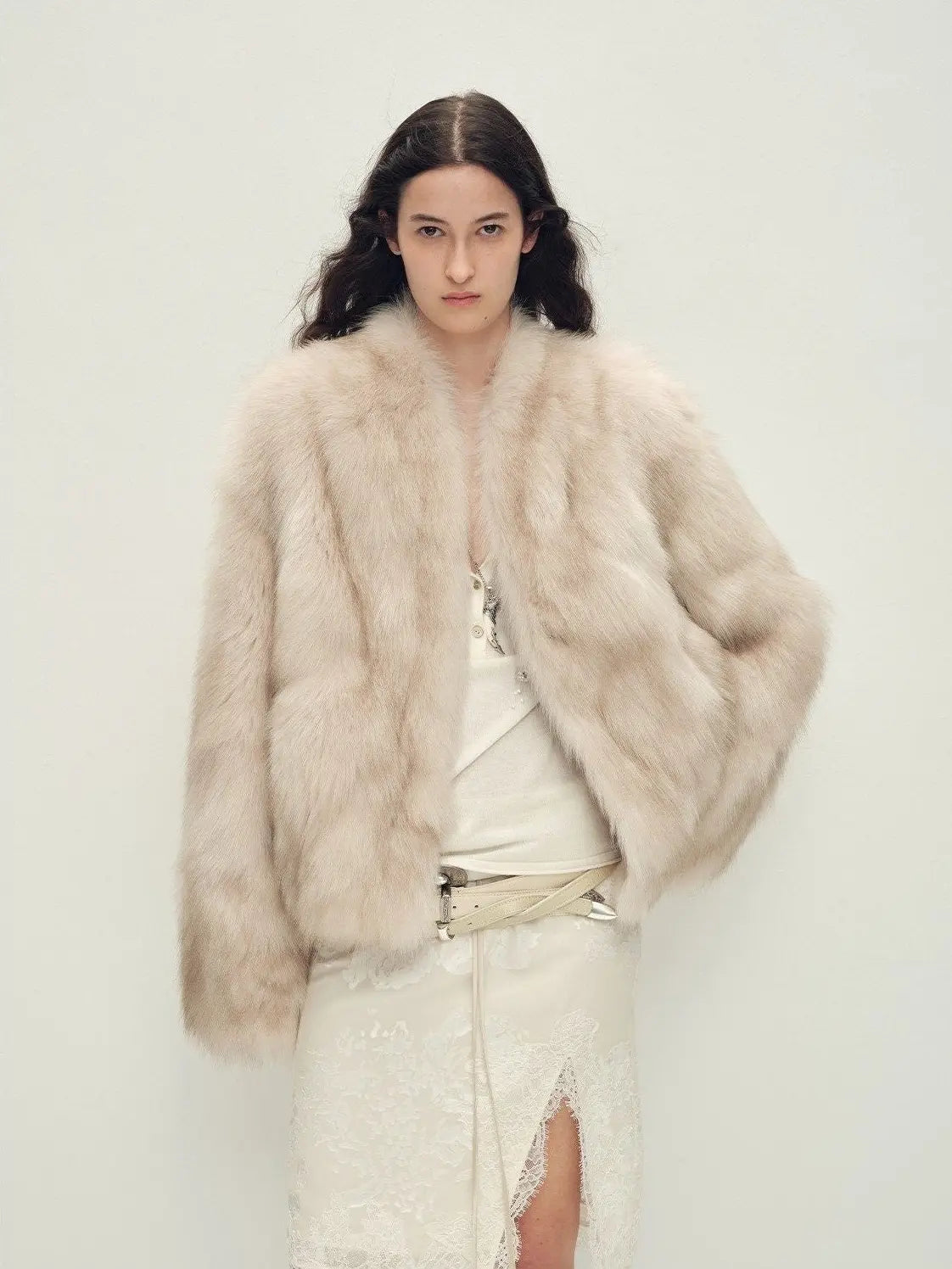 Model wearing Chic Sister Blossom Pink standing-collar fox fur coat, front view