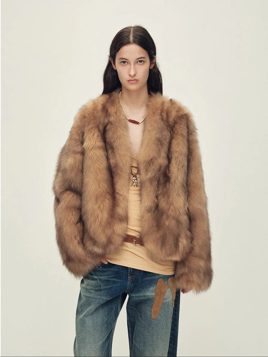 Model wearing Chic Sister Espresso V-neck fox fur coat, front view
