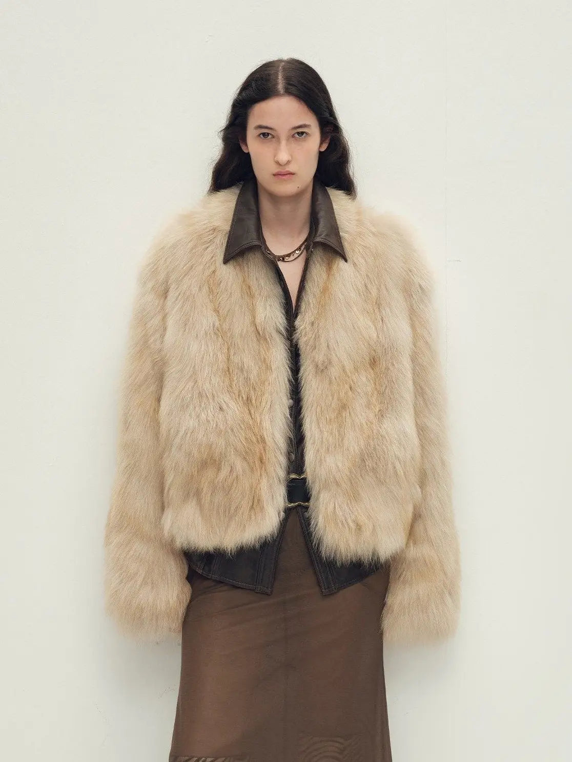 Model wearing Chic Sister Haze Yellow standing-collar fox fur coat, front view